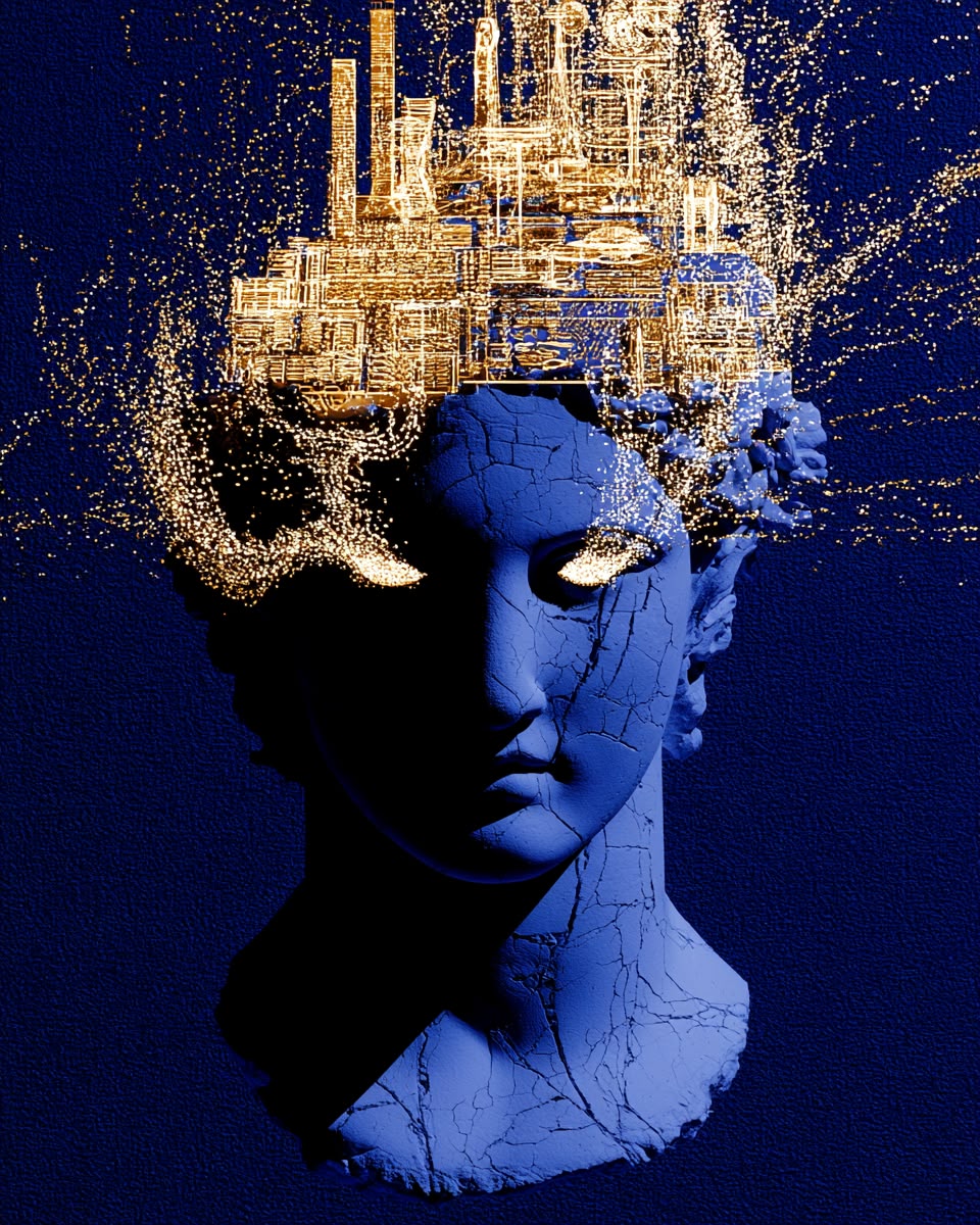 A cracked cobalt statue head with a golden city rising from its crown