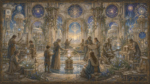 A gathering of robed figures in an ornate blue and gold hall beneath constellation windows.
