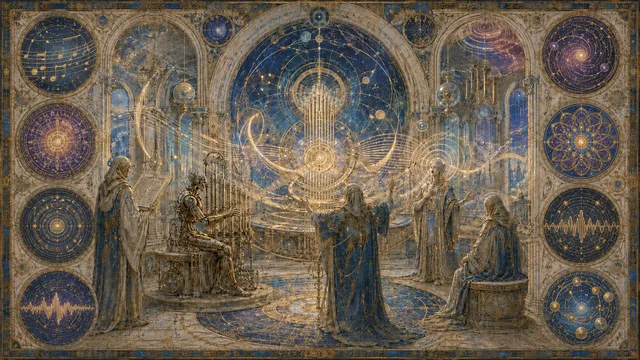 Figures gathered beneath golden celestial instruments, with waveforms woven into blue and gold murals.
